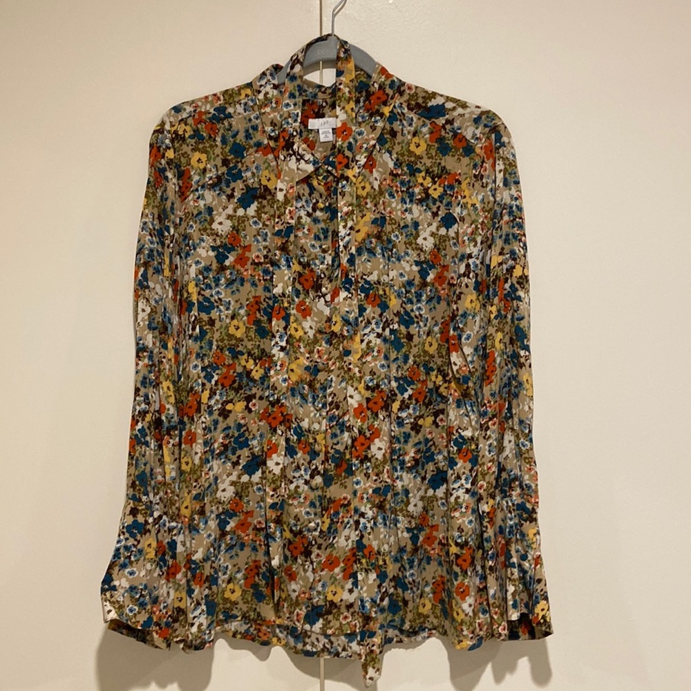 J Jill fabric covered buttons and bow blouse